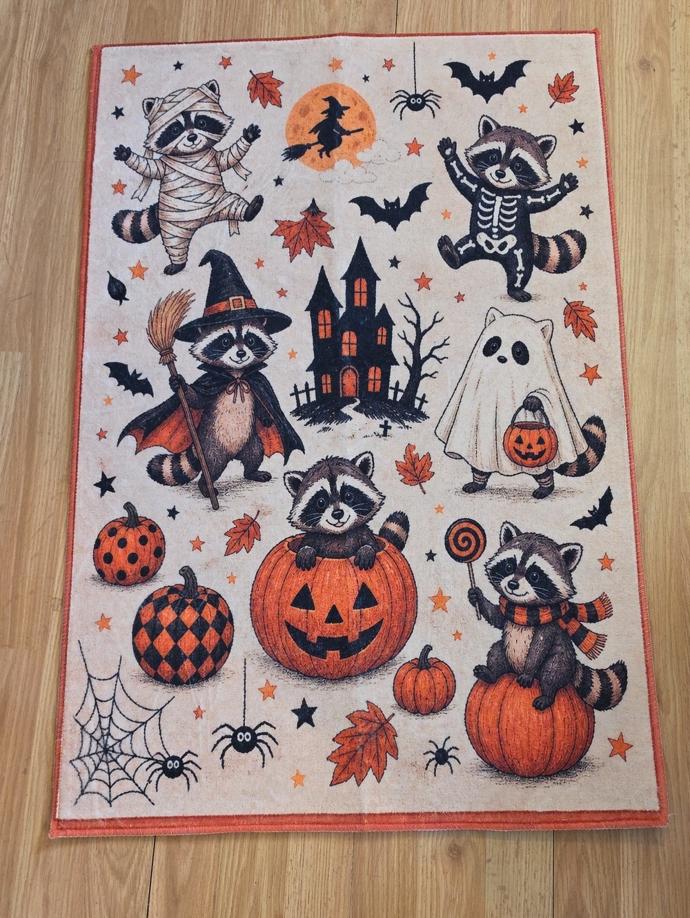 Halloween Raccoon RUG 2  X 3  — Orange, Black, White HAPPY HALLOWEEN SPOOKEY